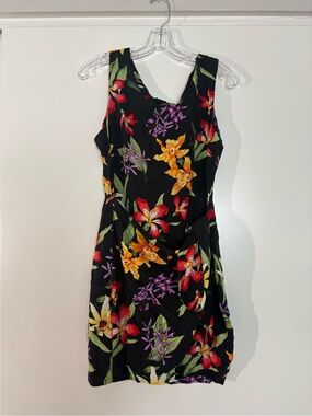 All That Jazz Vintage Black Mini Wrap Dress with Hawaiian Floral Print